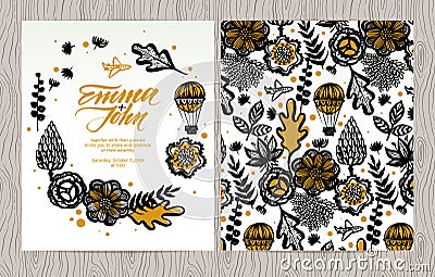 Vector invitation card with flowers, plants, aircraft and balloon. Vector Illustration