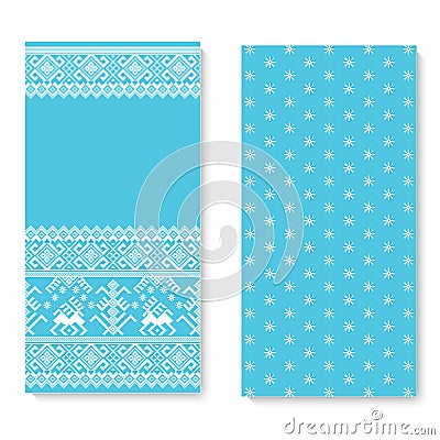 Vector invitation card with folk pattern ornament. Ethnic New Year blue ornament with pine trees and deers. Vector Illustration