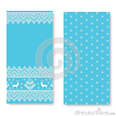 Vector invitation card with folk pattern ornament. Ethnic New Year blue ornament with pine trees and deers. Vector Illustration