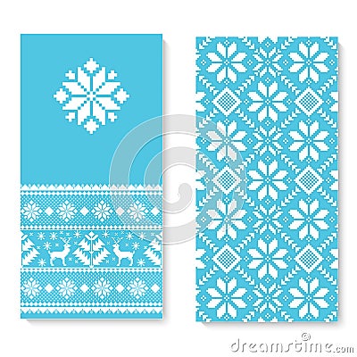 Vector invitation card with folk pattern ornament. Ethnic New Year blue ornament with pine trees and deers. Vector Illustration