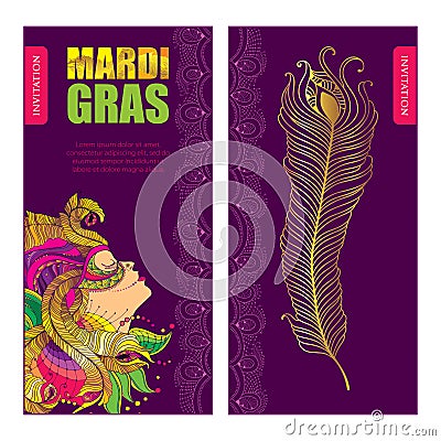 Vector invitation for Mardi Gras party with woman face in carnival mask with outline golden peacock feathers and ornate collar. Vector Illustration