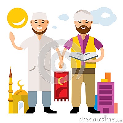 Vector Islam. Islamic Prayers. Flat style colorful Cartoon illustration. Vector Illustration