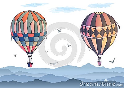 Vector balloons on white background. Many differently colored striped air balloons flying in the clouded sky. Patterns of Vector Illustration