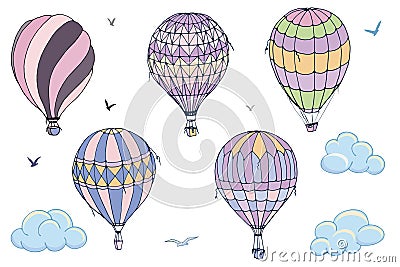 Vector isolated balloons on white background. Many differently colored striped air balloons flying in the clouded sky. Patterns of Vector Illustration