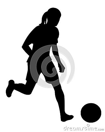 Isolated silhouette of a women's football player in sports uniform running with the ball on the field Vector Illustration