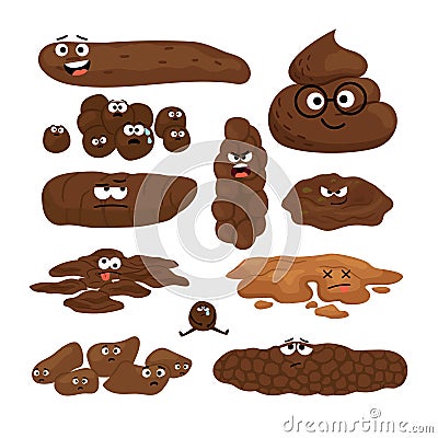 Vector isolated cartoon illustration of poop with eyes. Set of different types human feces, excrement in normal and Vector Illustration