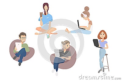 Vector isolated cartoon young creative co working people, Freelancers students. flat style. Vector Illustration