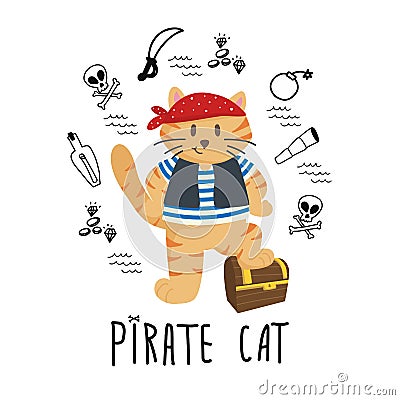Vector isolated cat with doodle pirate bundle elements and Pirate cat lettering Vector Illustration