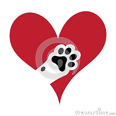 Vector isolated cat paw with black pads inside heart symbol love pets Vector Illustration