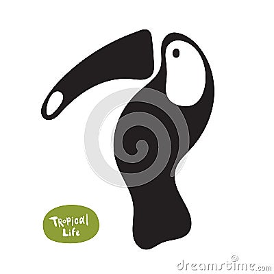 Vector isolated doodle drawn toucan silhouette on white background. Beautiful exotic bird of the Amazon rain forest Stock Photo