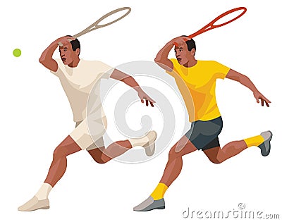 Cameroonian tennis player in yellow and white sports uniform who runs with a racket held high and receives the ball Vector Illustration