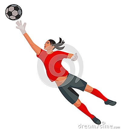 Asian women's football girl goalkeeper jumping and catching the ball Vector Illustration