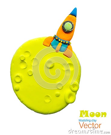 Vector, isolated figures of a Rocket on the moon, made of plasticine. Bright, funny, cute colors for the design and Vector Illustration