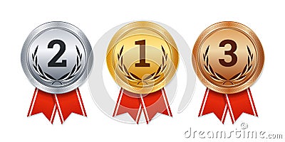 Vector isolated gold, silver and bronze medals, champion prizes, Vector Illustration
