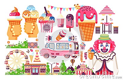 Vector isolated illustration business selling ice cream sale of food with machine, meal on wheels clown amusement park Vector Illustration