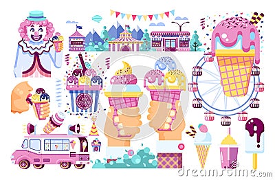 Vector isolated illustration business selling ice cream sale of food with machine, meal on wheels clown amusement park Vector Illustration