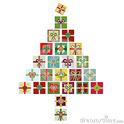 Contemporary vector isolated illustration of colorful Christmas tree made from stacks of presents. Vector Illustration