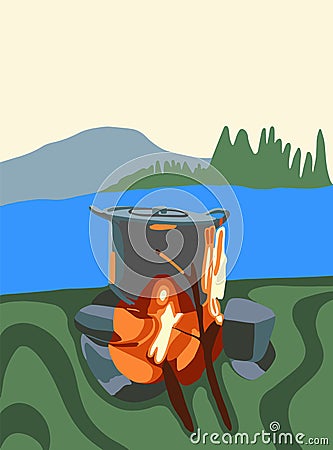 Vector isolated illustration of cooking food on fire. Vector Illustration