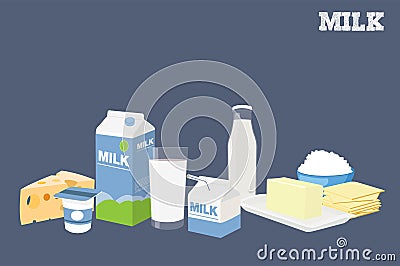 Vector Isolated Illustration of Different Milk and Dairy Products Vector Illustration
