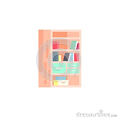 Vector isolated illustration icon furniture bookcase books on shelves, drawers flat style Vector Illustration