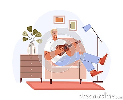 Vector isolated illustration of man in armchair plays cheerfully on ukulele in cozy room, persons enjoys playing small Vector Illustration