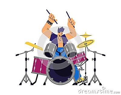 Vector isolated illustration of Rock band drummer plays the drums in disproportionate characters on white background Vector Illustration