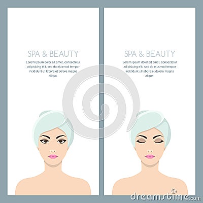 Vector isolated illustration of the woman with towel on head. Beautiful female face isolated on white. Vector Illustration