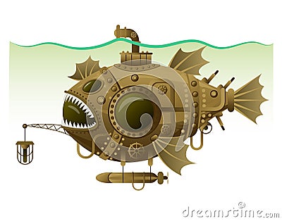 Vector isolated image of the complex fantastic submarine in the form of fish with machinery, equipment and armament Vector Illustration