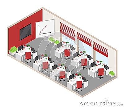 Vector isolated isometric open-plan office with objects and furn Vector Illustration