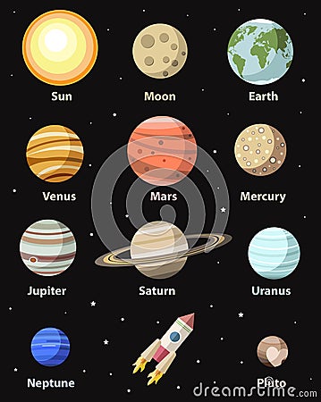 Vector isolated planets and astronomical bodies, colorful flat style illustrations. All planets of Solar System plus Moon and Plu Vector Illustration