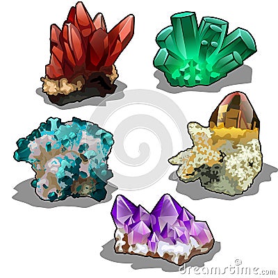 Vector isolated set of five uncut precious mineral Vector Illustration