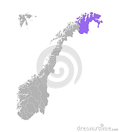 Vector isolated simplified illustration with grey silhouette of Norway, violet contour of Finnmark region Vector Illustration