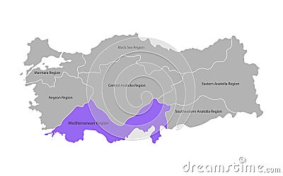 Vector isolated simplified map of Turkey regions. Marked Mediterranean Region. Borders and names of administrative divisions. Vector Illustration