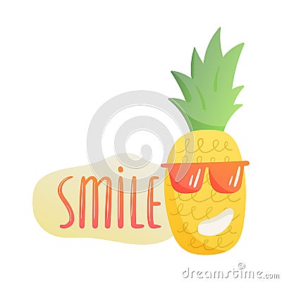 Vector isolated summer illustration with juicy fruit. Smiling cheerful pineapple character in sunglasses. Banner or Vector Illustration