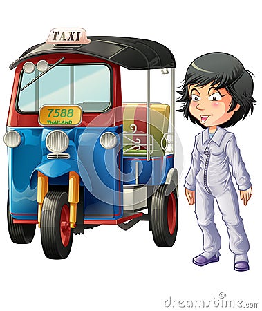 Vector isolated Thai driver and motor tricycle. Vector Illustration