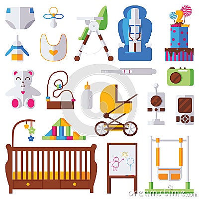 Vector isolated on white background set with kids and childhood objects like toys, crib, swing, baby carriage, bottles and nipple Stock Photo