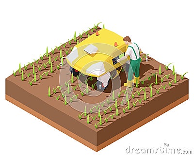 Vector isometric agricultural robot EV working in crop field Vector Illustration