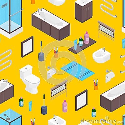 Vector isometric bathroom and lavatory toilet furniture elements heater, toilet bowl, mirror and skincare tubespattern Vector Illustration