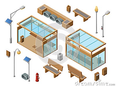 Vector isometric bus stop concept objects set Vector Illustration