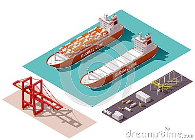 Vector isometric cargo port elements Vector Illustration