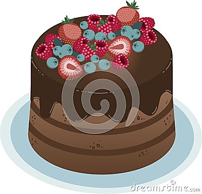 Vector isometric chocolate cake with assorted berries, blueberries, strawberries, raspberries Vector Illustration