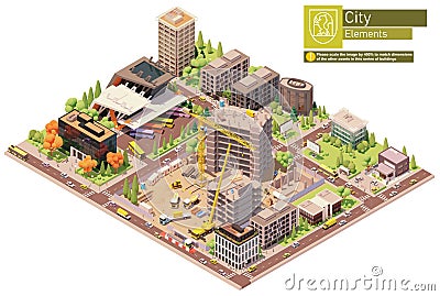 Vector isometric city block with construction site Vector Illustration