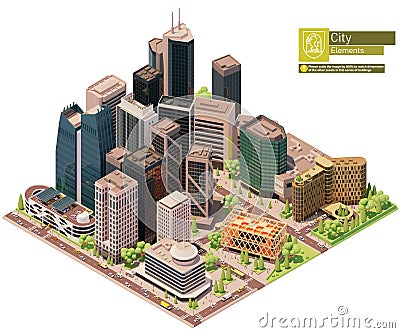 Vector isometric city downtown. Central business district of the city. City center includes skyscrapers, buildings, offices, multi Vector Illustration