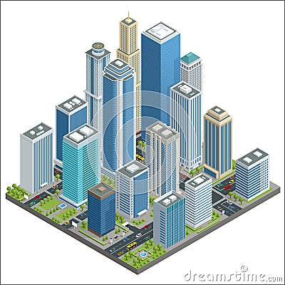 Vector isometric city center map with skyscrapers, offices, stores, streets, vehicles, commercial and business area used Vector Illustration