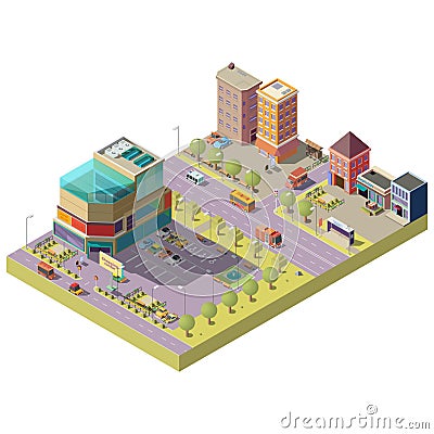 Vector isometric city center with shopping mall Vector Illustration