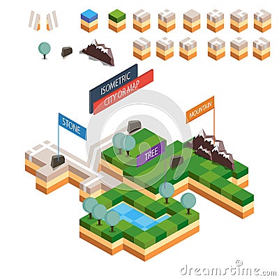 Vector isometric city map creation kit. Includes grass, water, stone, road, flag, mountains, hill, tree. Vector Illustration
