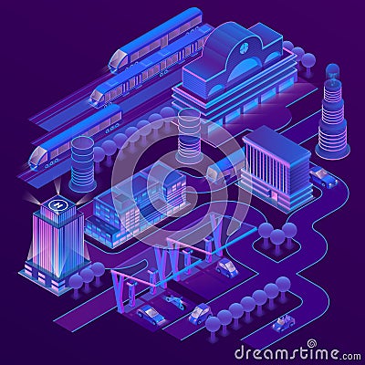 Vector isometric city in ultra violet colors Vector Illustration
