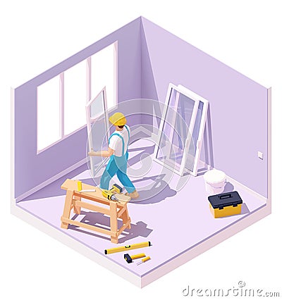 Vector isometric worker at windows installation Vector Illustration