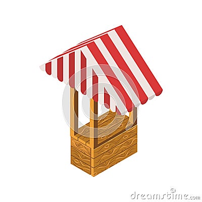 Vector isometric 3d illustration of empty market stall with red and white striped. Wooden counter with canopy for street Vector Illustration