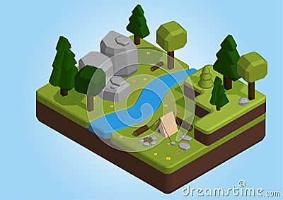 Isometric 3d low poly elements in the camping site Vector Illustration